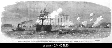The Battle of Roanoke Island  was a battle in the American Civil War fought on 7-8th February 1862 in North Carolina. It was an Unionist amphibious assault under the command of Ambrose Burnside, and it was a Unionist victory as the Island was captured. This image depicts the Unionist ships bombarding Confederate positions on the island. Stock Photo