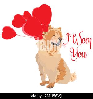 Cute Chow chow pet dog with heart shaped balloons for Valentine Day card, vector Stock Vector