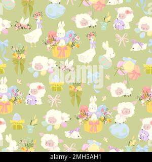Seamless Pattern with Cute White Bunnies, Gooses, Sheeps and Easter Eggs Stock Vector