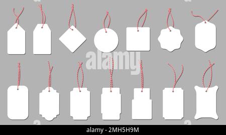 Set of blank white cardboard price tags with red string in different shapes. Vector illustration Stock Vector