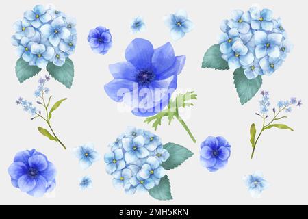 Blooming pink flowers vector watercolor set Stock Vector
