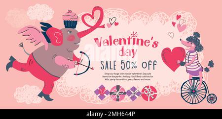 Lovely happy valentines day pink background with funny animal greeting for card, poster, banner. Vector illustration. Stock Vector