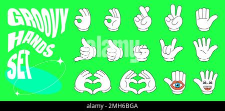 Retro groovy style hands set. Psychedelic hippie hand collection. Vintage hippy various palm sticker pack. Showing gestures victory, shaka, ok, rock and love. Abstract trendy y2k vector illustration Stock Vector