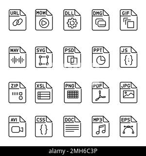 Types files color line icons set. Format and extension of documents. Stock Vector