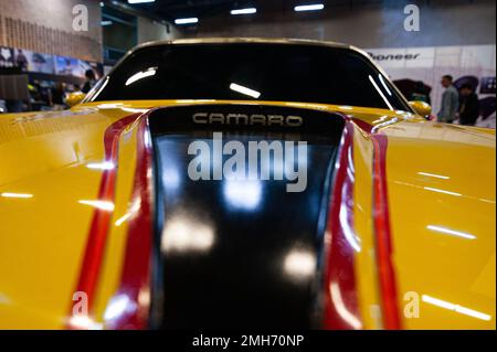 A Chevrolet Camaro Z28 during the MCM Car Show in Bogota, Colombia, the biggest auto show in latin america, on January 20, 2022. Stock Photo