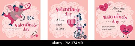 Creative, cute valentines day pink template for social media with funny animal greeting for card, poster, banner.  Stock Vector