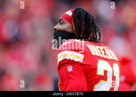 Kansas City Chiefs cornerback Bashaud Breeland (21) loses his helmet while  tackling Las Vegas Raiders fullback Alec Ingold (45) during an NFL football  game, Sunday, Oct. 11, 2020, in Kansas City, Mo. (