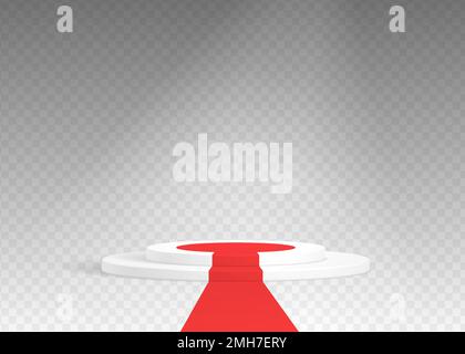 Stage podium scene for award ceremony realistic 3D vector illustration. Winner podium illuminated with spotlight and red carpet. Award ceremony concept. Stock Vector