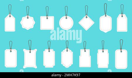 Set of blank White price tags in different shapes. Collection of labels with string. vector illustration Stock Vector