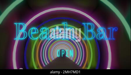 Composite of beach bar open neon text over neon circles Stock Photo