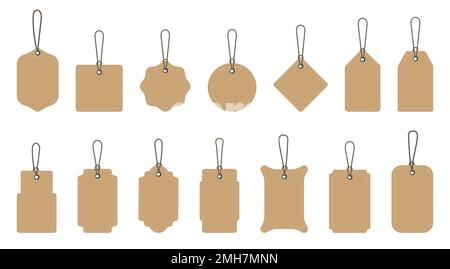 Set of blank cardboard price tags in different shapes. Collection of labels with string. vector illustration Stock Vector