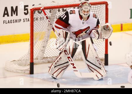 Arizona Coyotes goaltender Adin Hill (31) blocks a shot by San Jose