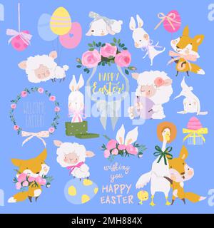 Easter Set with Cute White Bunnies, Gooses, Sheeps, Foxes and Easter Eggs Stock Vector
