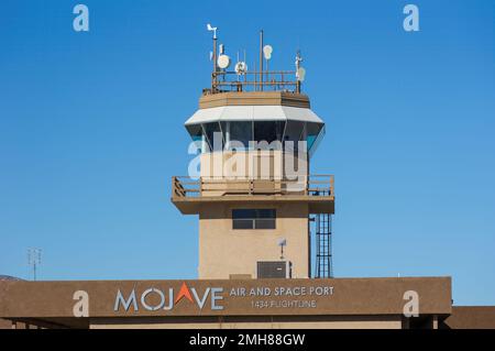 Mojave Air and Space Port, California. Control tower shown on a sunny day with clear, blue skies. Stock Photo