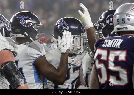 Tennessee Titans running back Derrick Henry speaks to the media following  an NFL wild-card playoff football game against the New England Patriots,  Saturday, Jan. 4, 2020, in Foxborough, Mass. (AP Photo/Steven Senne