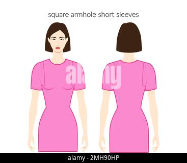 Square armhole sleeves short length clothes character beautiful lady in pink top, shirt, dress technical fashion illustration. Flat apparel template front, back sides. Women, men unisex CAD mockup Stock Vector