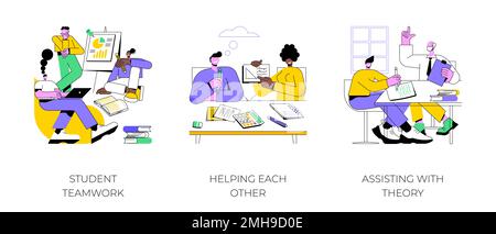 Peer tutoring isolated cartoon vector illustrations set. Student teamwork, helping each other, assisting with theory, making homework together, scientific supervisor, counselling vector cartoon. Stock Vector