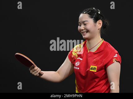 Doha, Qatar. 26th Jan, 2023. He Zhuojia of China reacts during the women's singles final match against her compatriot Kuai Man at WTT Feeder Doha 2023 in Doha, Qatar, Jan. 26, 2023. Credit: Nikku/Xinhua/Alamy Live News Stock Photo