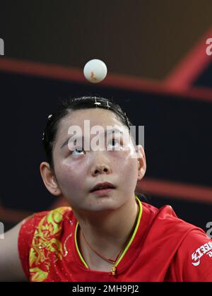 Doha, Qatar. 26th Jan, 2023. He Zhuojia of China serves during the women's singles final match against her compatriot Kuai Man at WTT Feeder Doha 2023 in Doha, Qatar, Jan. 26, 2023. Credit: Nikku/Xinhua/Alamy Live News Stock Photo
