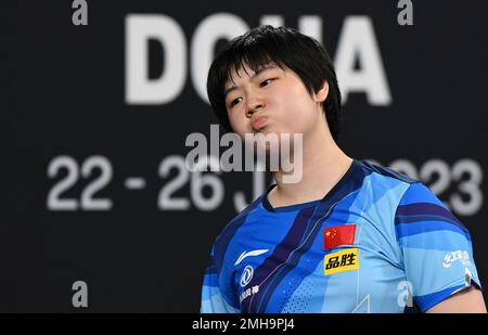 Doha, Qatar. 26th Jan, 2023. Kuai Man of China reacts during the women's singles final match against her compatriot He Zhuojia at WTT Feeder Doha 2023 in Doha, Qatar, Jan. 26, 2023. Credit: Nikku/Xinhua/Alamy Live News Stock Photo