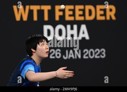Doha, Qatar. 26th Jan, 2023. Kuai Man of China serves during the women's singles final match against her compatriot He Zhuojia at WTT Feeder Doha 2023 in Doha, Qatar, Jan. 26, 2023. Credit: Nikku/Xinhua/Alamy Live News Stock Photo