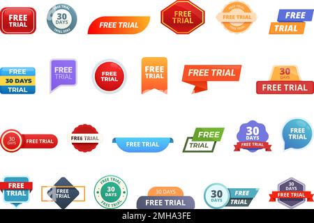 Free with trial icons set cartoon vector. Demo test. Free offer Stock Vector