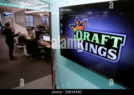 FILE - The DraftKings logo is displayed at the sports betting company  headquarters, May 2, 2019, in Boston. DraftKings apologized Monday, Sept.  11, 2023, after using the Sept. 11, 2001, terror attacks