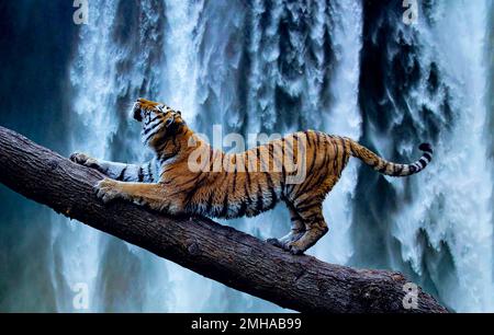 Digital art of a majestic tiger relaxing in front of a beautiful waterfall.  Tigers and waterfalls are two of nature's most magnificent creations. Stock Photo