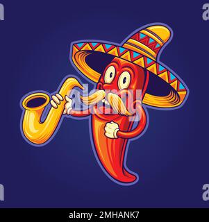 Mexican cinco de mayo chilli pepper mustache playing trumpet logo illustration vector illustrations for your work logo, merchandise t-shirt, stickers Stock Vector