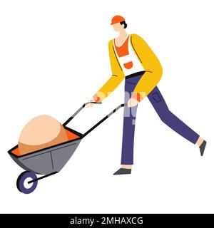 Construction works or building, man pushing wheelbarrow, isolated male character Stock Vector