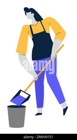 Cleaning service, woman with scoop and bucket, sweeping floor Stock Vector