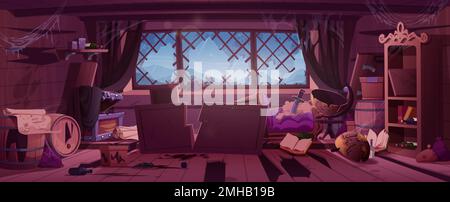 Old messy pirate ship cabin inside. Broken abandoned boat interior with dirty broken wooden furniture, empty chest, barrels, rum bottles, sea storm and rain behind window, vector cartoon illustration Stock Vector