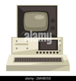 Old computer, 70s technologies, screen and keyboard, rarity Stock Vector