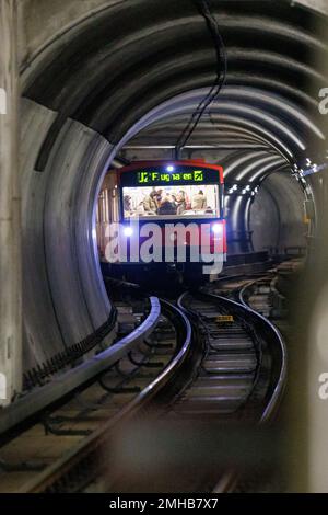 Nuremberg, Germany. 25th Jan, 2023. A fully automated subway (U2) enters a subway station. The first German driverless subway line opened on June 14, 2008. Trains run automatically in more than 60 cities worldwide. In Germany, the Nuremberg subway has been the lone pioneer since 2008. But that is changing. Credit: Daniel Karmann/dpa/Alamy Live News Stock Photo