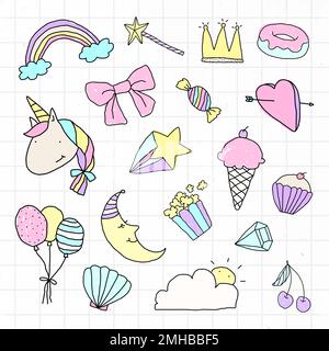 Cute pastel doodle sticker with a white border set on a grid background vector Stock Vector