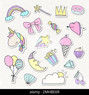 Cute pastel doodle journal sticker with a white border set on a beige background vector Stock Vector