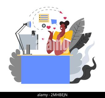 Girl in front of computer monitor, Internet blogger profession or hobby Stock Vector