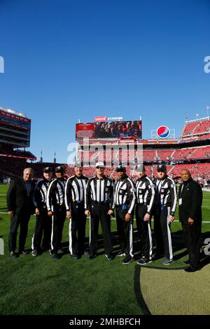 Replay Assistant Roddy Ames, from left, line judge Bart Longson (2), Down  Judge David Oliver, field judge Terry Brown (43), umpire Carl Paganelli  (124), referee Walt Anderson (66), referee Carl Cheffers (51)