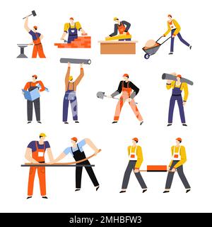 Building or construction works, builders and engineers with equipment isolated characters Stock Vector