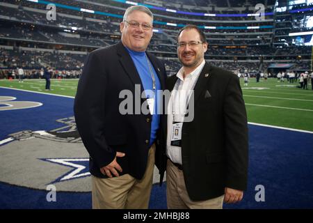 NFL game officlals, from left, replay official Brian Matoren, down judge  Tom Stephan (68), field judge Lee Dyer (27), umpire Ruben Fowler (71),  referee Walt Anderson (66), side judge Rick Patterson (15)