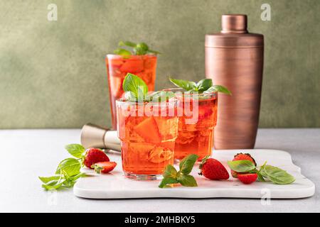Strawberry basil cocktail or mocktail, refreshing summer drink Stock Photo