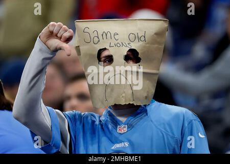 A Detroit Lions fan wears a bag during the fourth quarter of an NFL  football game against the Chicago Bears at Ford Field in Detroit, Sunday,  Dec. 5, 2010. (AP Photo/Carlos Osorio