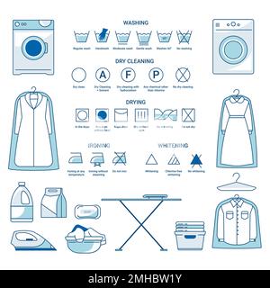 Dry cleaning and washing, ironing and drying or whitening, laundry icons Stock Vector