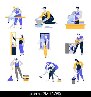 Cleaning service and household isolated icons, women or housewives Stock Vector