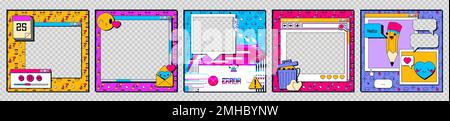 Set of retro 90s software frames isolated on transparent background. Vector illustration of old computer interface windows with emoji, heart, trash bin, message, error warning icons. Vaporwave design Stock Vector