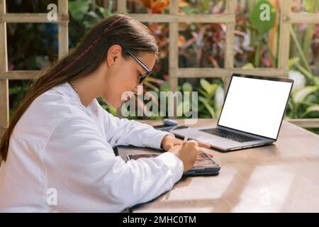 Woman designer using digital tablet and laptop computer in summer office Stock Photo