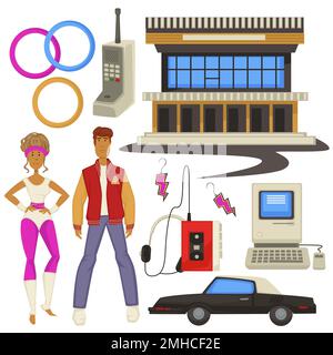 1980s style fashion and technologies, epoch symbols, man and woman Stock Vector