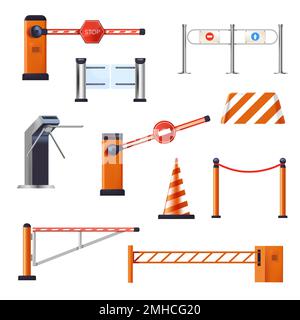 Barriers and stop cranes, entrance or turnstile, road cone isolated objects Stock Vector