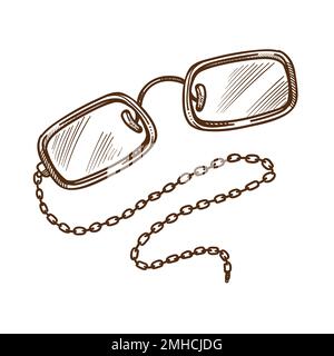 Eyeglasses or glasses on chain isolated sketch, vintage accessory Stock Vector