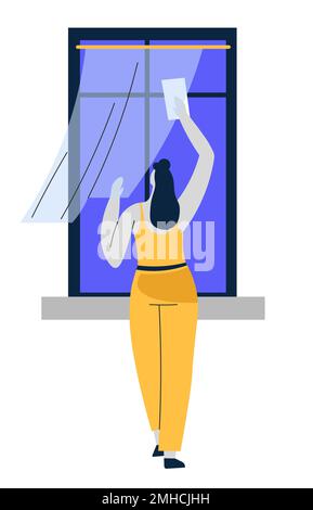 Cleaning service or housekeeping, washing windows or polishing glass Stock Vector